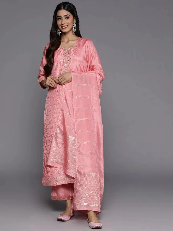 Peach Embroidered Silk Blend Straight Kurta With Trousers & Dupatta