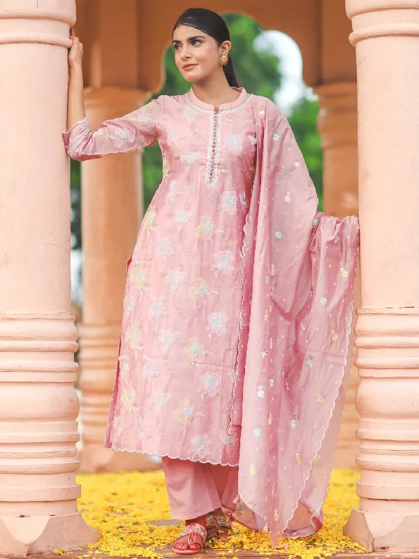 Libas Art Pink Embroidered Chanderi Silk Straight Suit With Dupatta