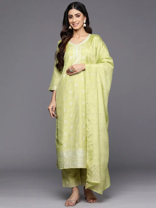 Green Self Design Silk Blend Straight Kurta With Trousers & Dupatta