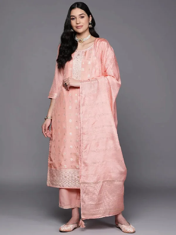 Peach Self Design Silk Blend Straight Kurta With Trousers & Dupatta