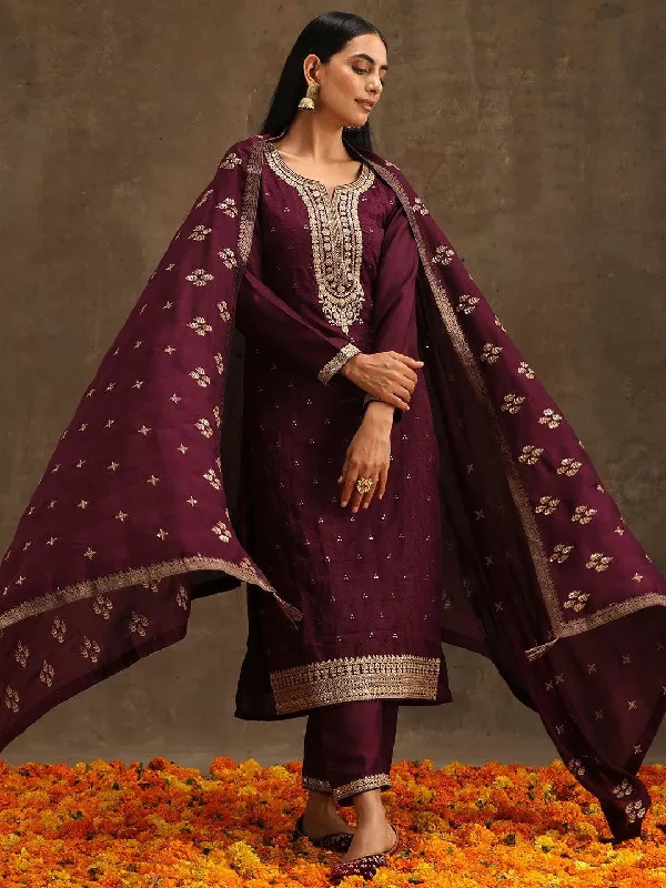 Purple Embroidered Silk Blend Straight Kurta With Trousers & Dupatta