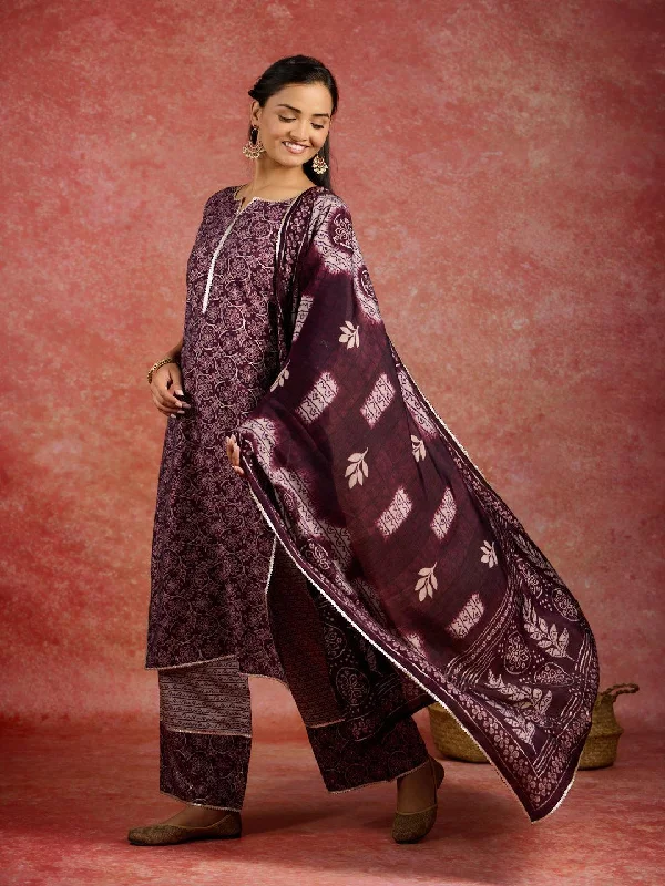 Burgundy Printed Silk Blend Straight Suit With Dupatta