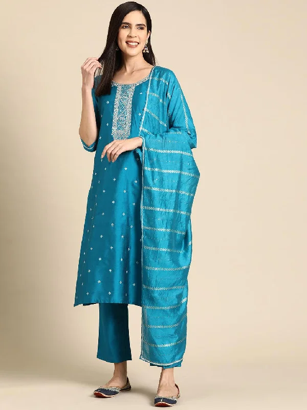 Blue Yoke Design Silk Blend Straight Suit With Dupatta