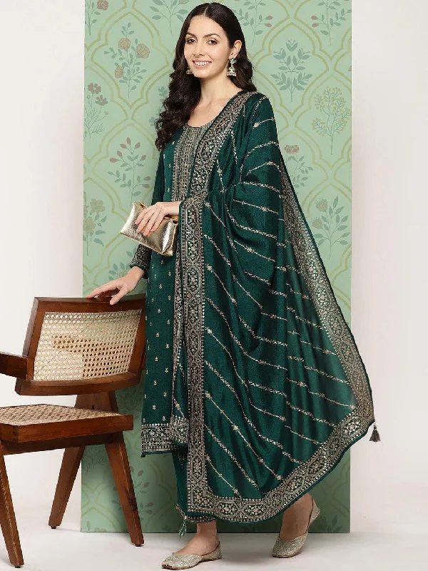 Teal Embroidered Silk Blend Straight Suit With Dupatta