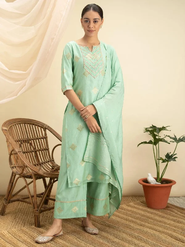 Green Self Design Silk Straight Kurta With Palazzos & Dupatta