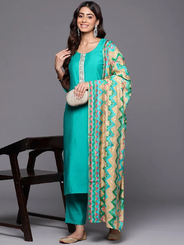 Green Yoke Design Silk Blend Straight Suit With Dupatta