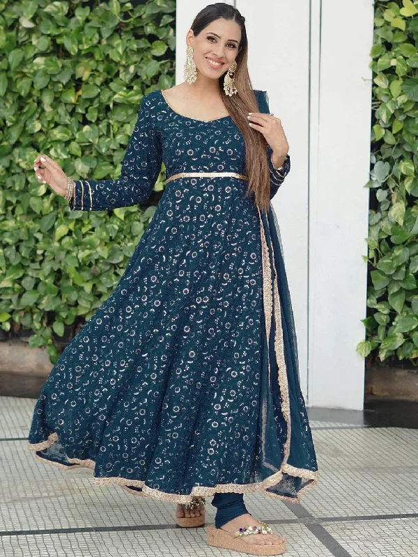 Blue Embroidered Georgette Anarkali Kurta With Churidar & Dupatta