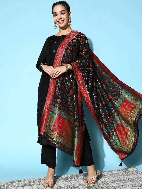 Black Self Design Silk Blend Straight Kurta With Dupatta