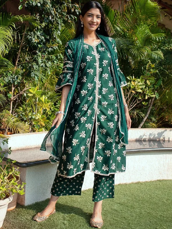 Green Printed Silk A-Line Kurta With Palazzos & Dupatta