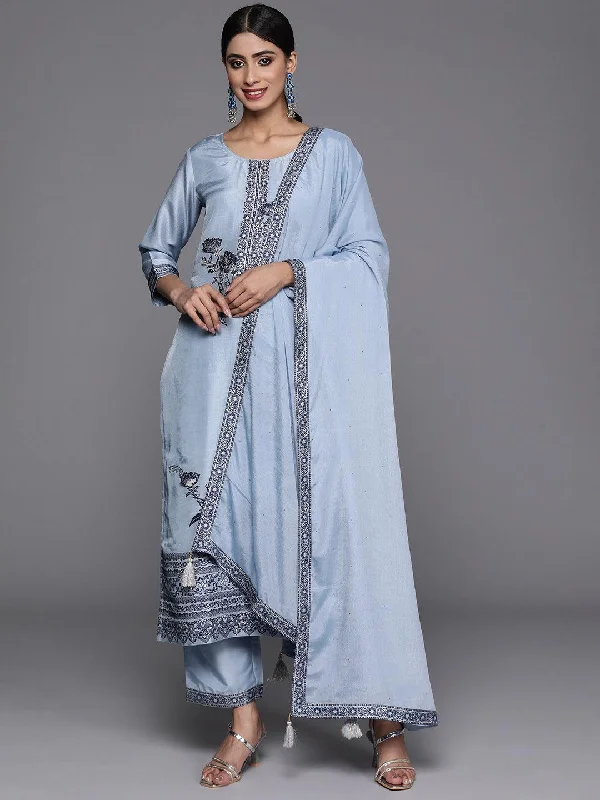 Blue Woven Design Silk Blend Straight Kurta With Trousers & Dupatta