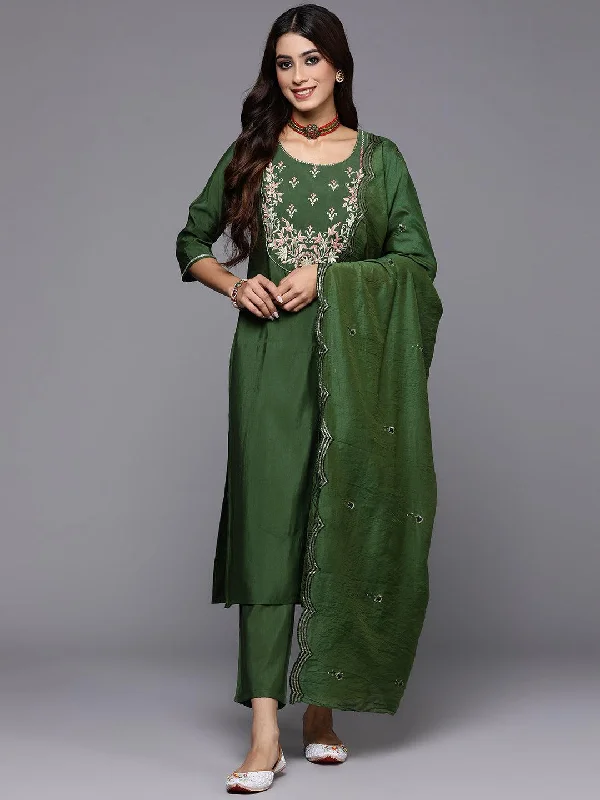 Green Yoke Design Silk Blend Straight Suit With Dupatta