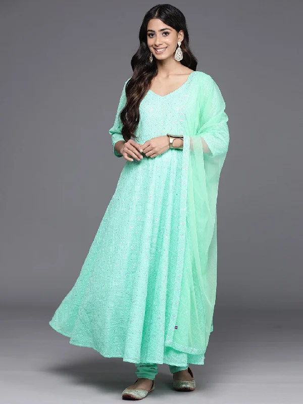 Green Embroidered Georgette Anarkali Kurta With Churidar & Dupatta