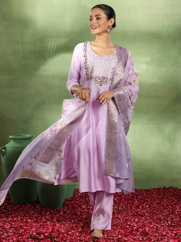 Lavender Yoke Design Silk Blend Straight Suit With Dupatta