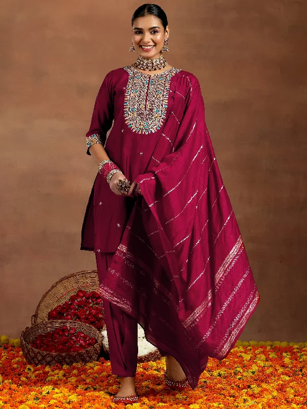 Maroon Embroidered Silk Blend Straight Suit With Dupatta