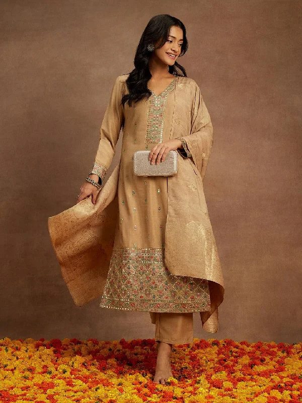 Tan Embroidered Silk Straight Suit With Dupatta