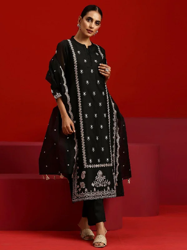 Libas Art Black Embroidered Chanderi Silk Straight Suit With Dupatta