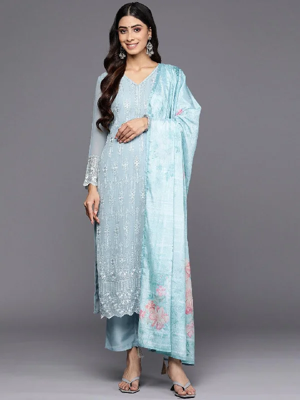 Blue Embroidered Georgette Straight Kurta With Trousers & Dupatta