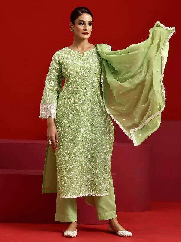 Libas Art Green Embroidered Chanderi Silk Straight Suit With Dupatta