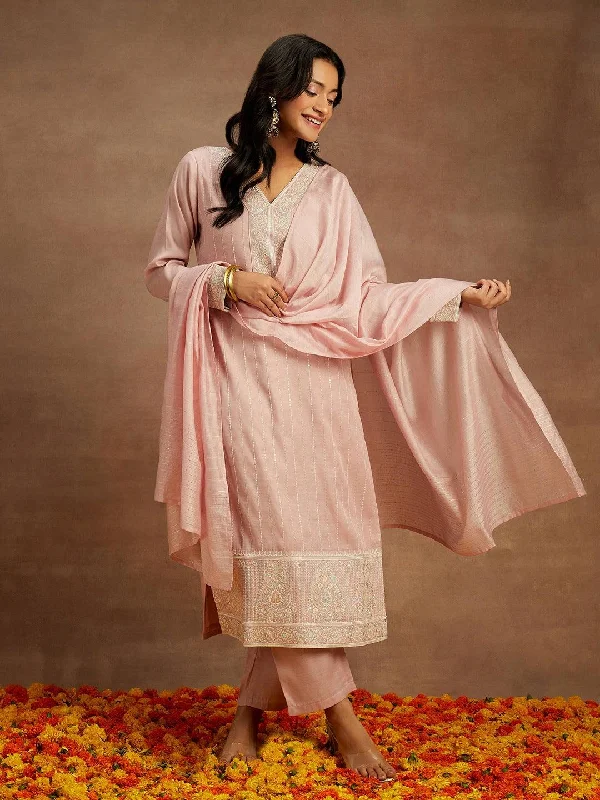 Pink Embroidered Silk Straight Suit With Dupatta