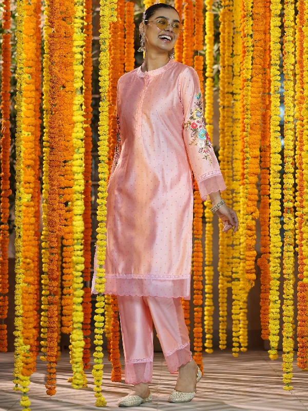 Pink Printed Silk Blend Straight Kurta Set