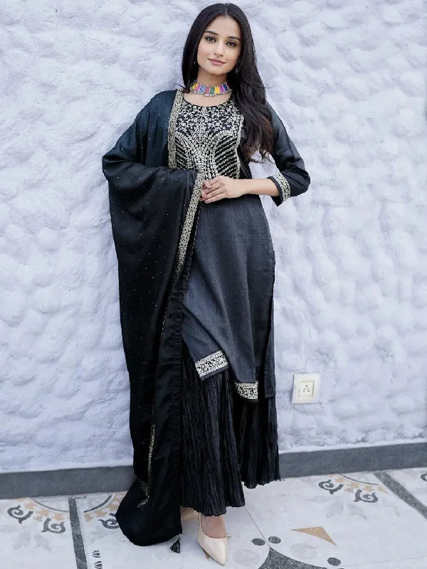 Charcoal Yoke Design Silk Blend Straight Sharara Suit Set With Dupatta