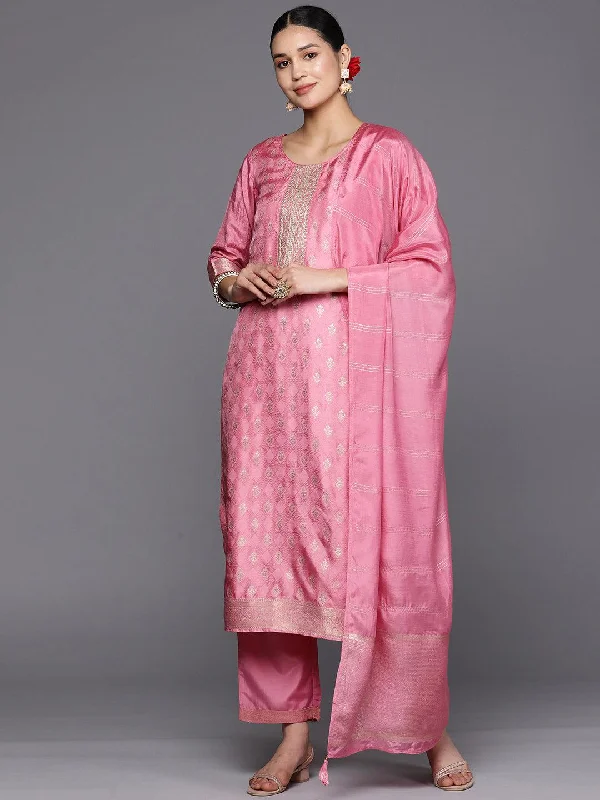 Pink Self Design Silk Blend Straight Kurta With Trousers & Dupatta