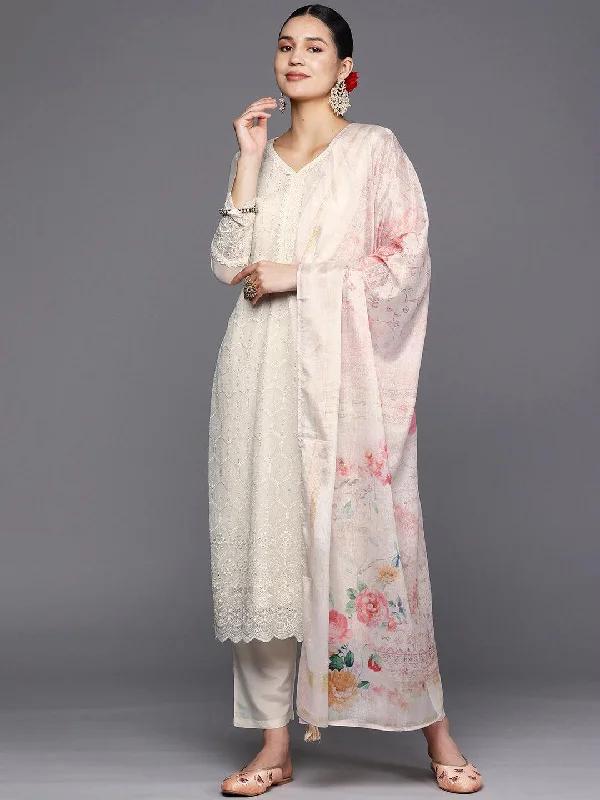 Off-White Embroidered Georgette Straight Kurta With Trousers & Dupatta