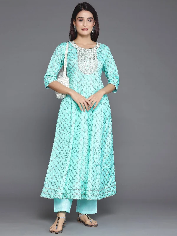 Blue Printed Silk Blend A-Line Kurta With Palazzos