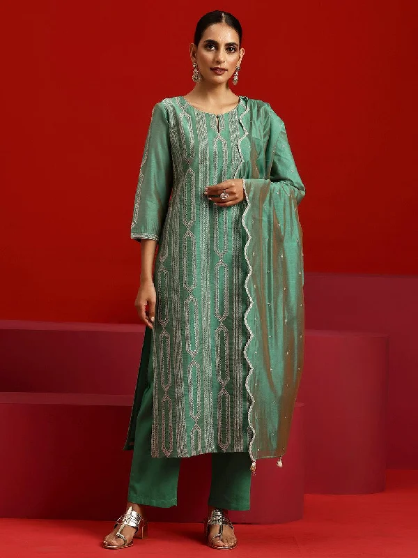 Libas Art Green Embroidered Chanderi Silk Straight Suit With Dupatta