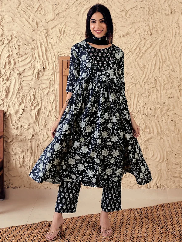 Black Printed Pure Cotton Anarkali Suit With Dupatta