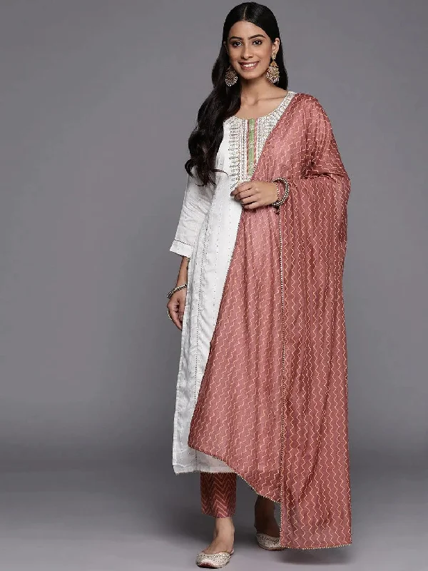 Cream Embroidered Chanderi Silk Straight Kurta With Trousers & Dupatta