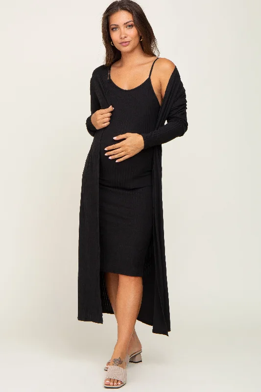 Black Ribbed Cardigan 2 Piece Maternity Set