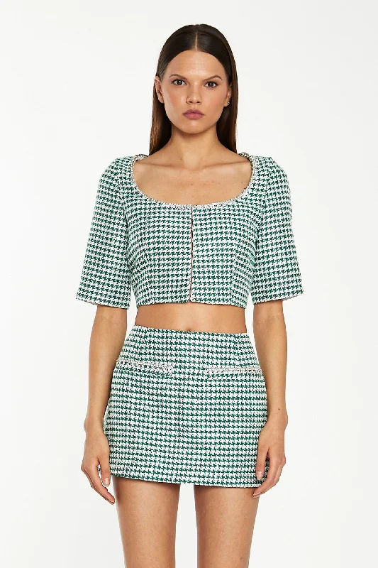 Green-White Houndstooth Diamante Trim Mini-Skirt