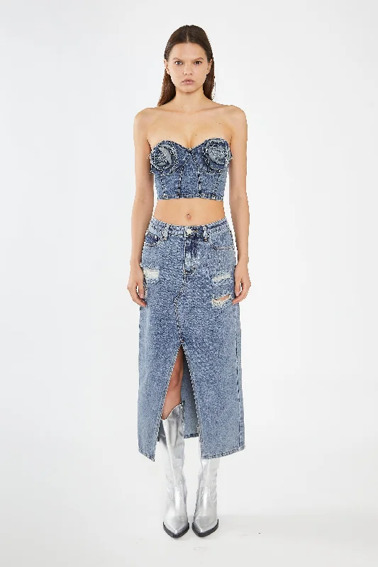 Heavy-Vintage Wash Front-Split Distressed Denim Midi-Skirt