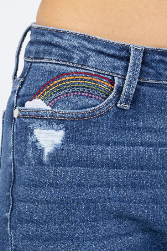 Hi-Rise Rainbow Embroidery Crop Jeans In Medium Denim