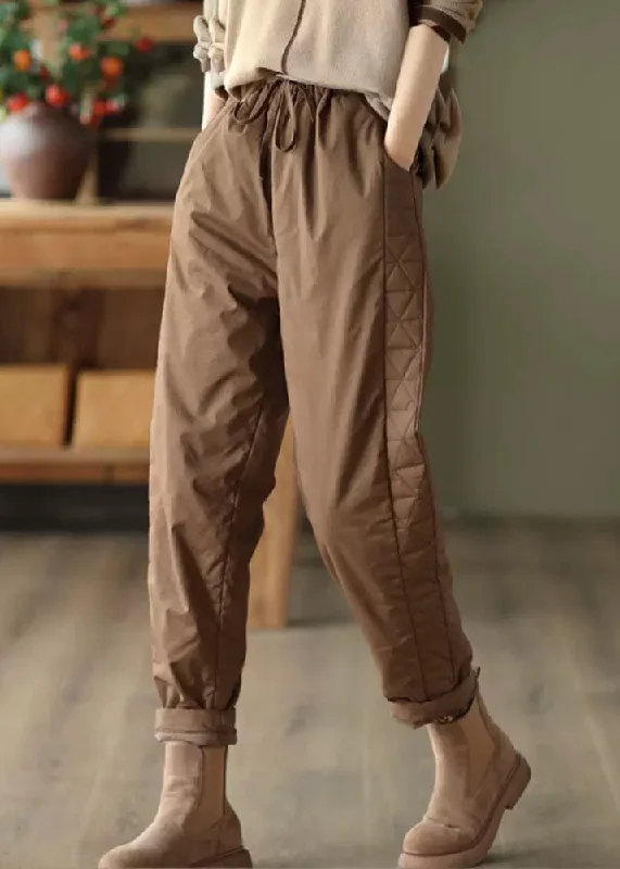 Coffee Pockets Loose Fine Cotton Filled Pants Elastic Waist Winter