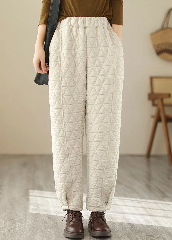 Natural Beige Elastic Waist Fleece Pants Winter