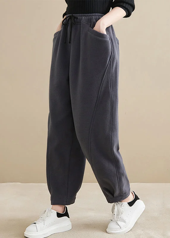 Plus Size Dark Gray Pockets Elastic Waist Warm Fleece Crop Pants