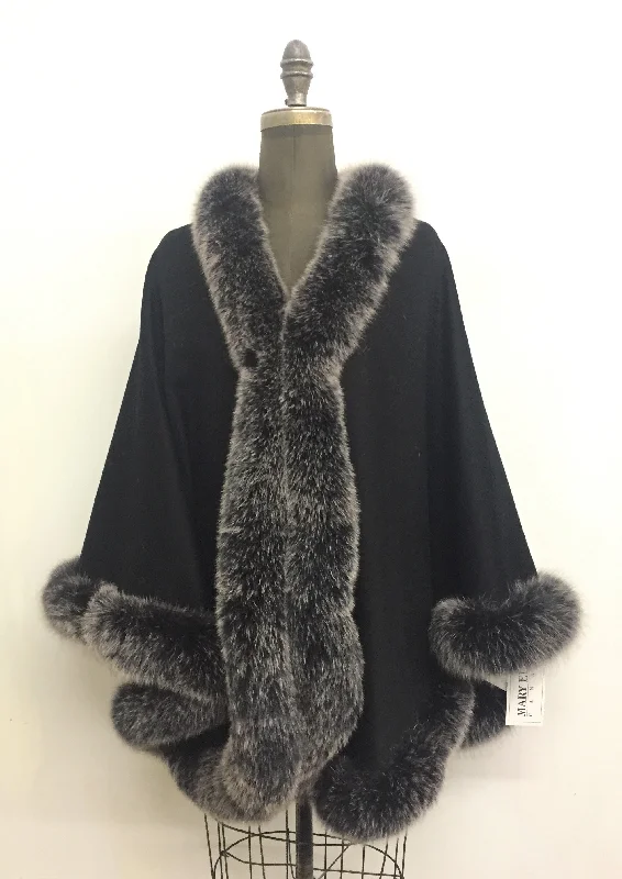 Vanessa Wrap Cape -  Cashmere & Wool Blend-Genuine Fox Trim All Around Edge