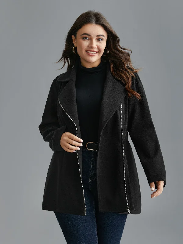 Curved Hem Zipper Placket Pockets Coat