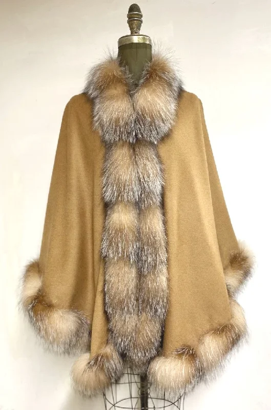 Vanessa Wrap Cape -  Cashmere & Wool Blend-Genuine Fox Trim All Around Edge