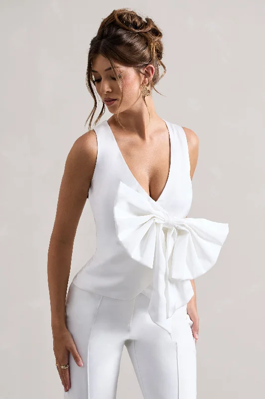 Adoration | Cream Satin Plunge-Neck Top With Bow