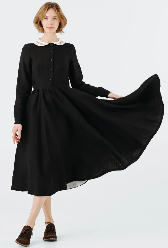 Classic Dress with Embroidered Golden Fields Collar, Long Sleeve