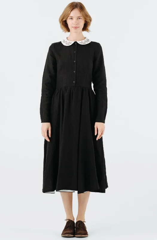 Classic Dress with Embroidered Hazelnut Collar, Long Sleeve