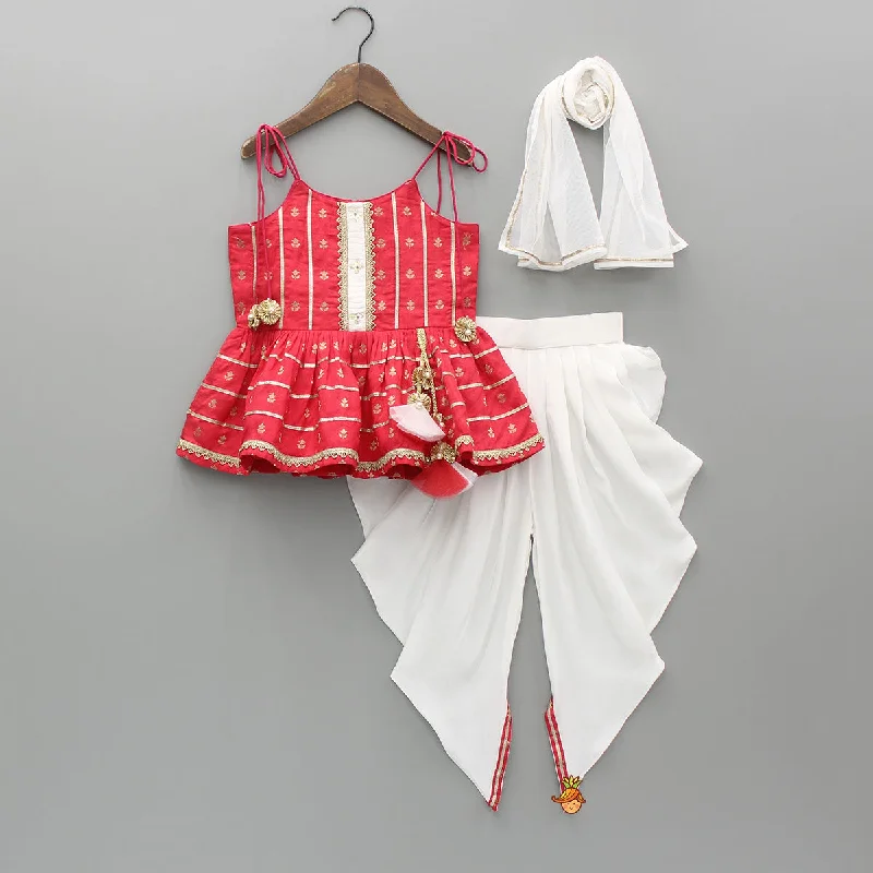 Embroidered Strappy Peplum Top And Dhoti With Dupatta