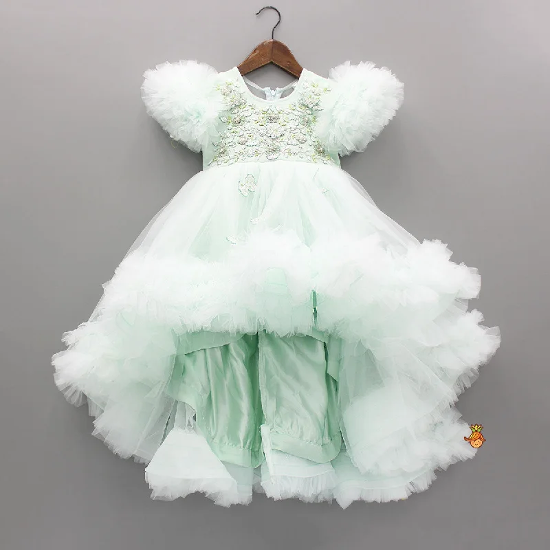 Green High Low Dress With Butterflies Embellished And Detachable Bow