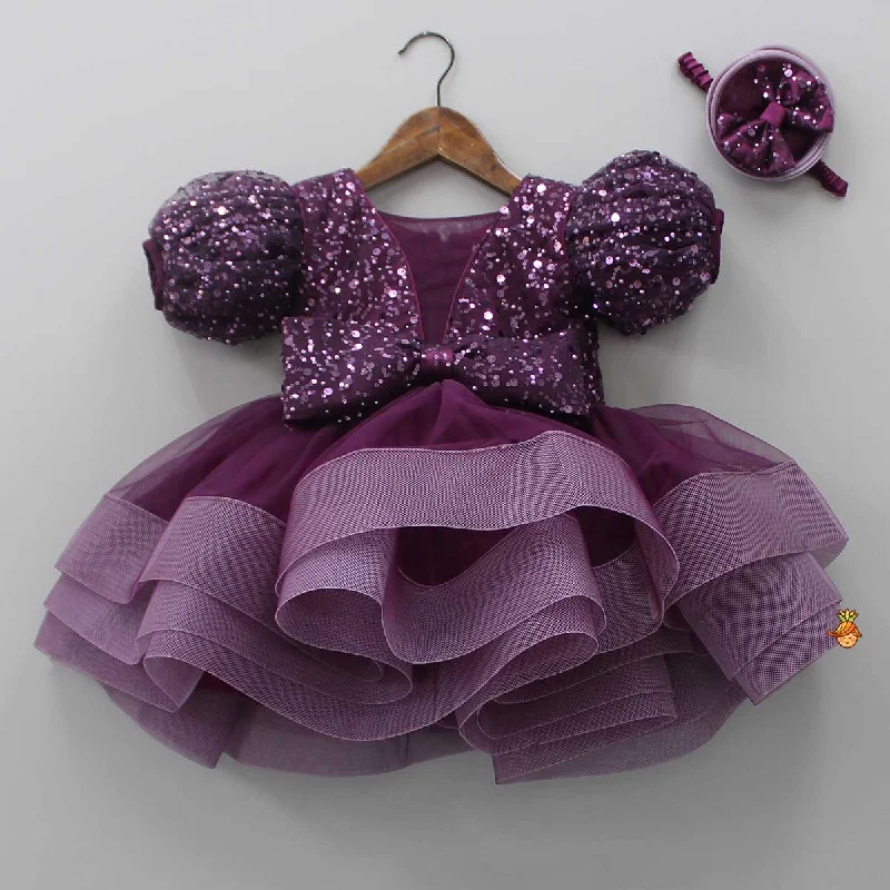 Layered Wine Dress And Detachable Bow With Swirled Headband