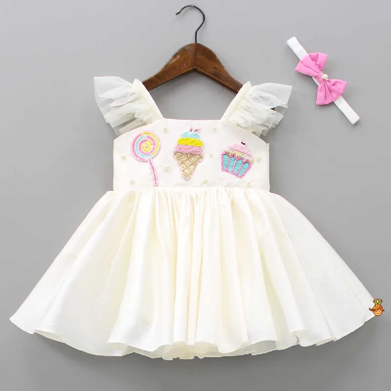 Off White Candies Embroidered Dress With Contrasting Pink Head Band