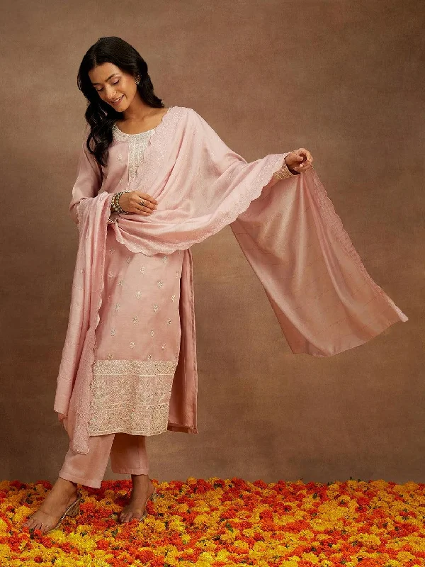 Pink Embroidered Silk Straight Suit With Dupatta