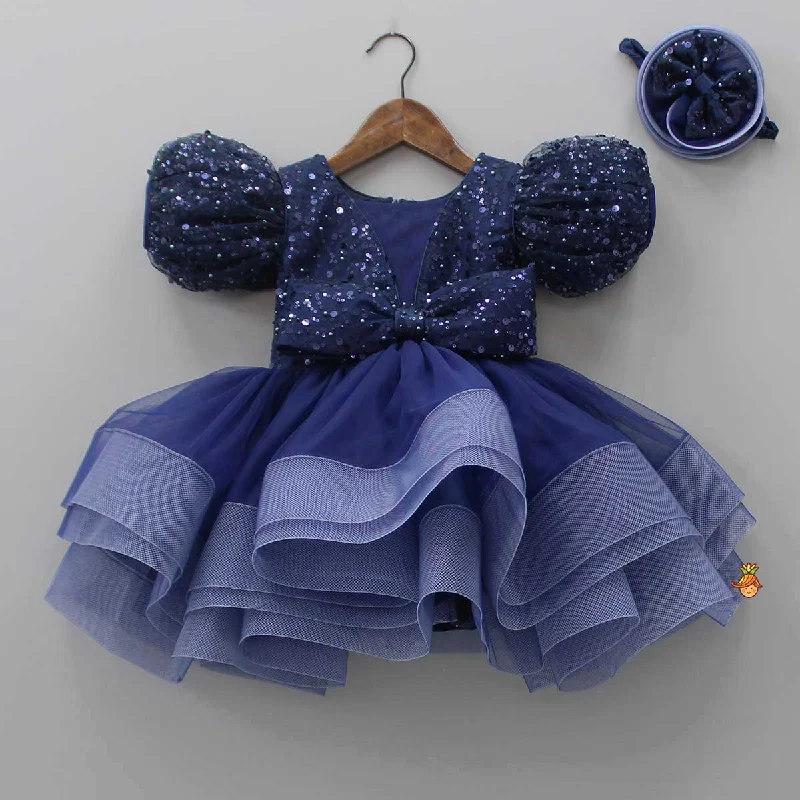 Sequined Ruffled Blue Dress With Bows And Matching Swirled Bow Headband